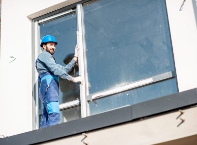 Workman in uniform mounting windows checking the vertical level standing on the balcony of the white building